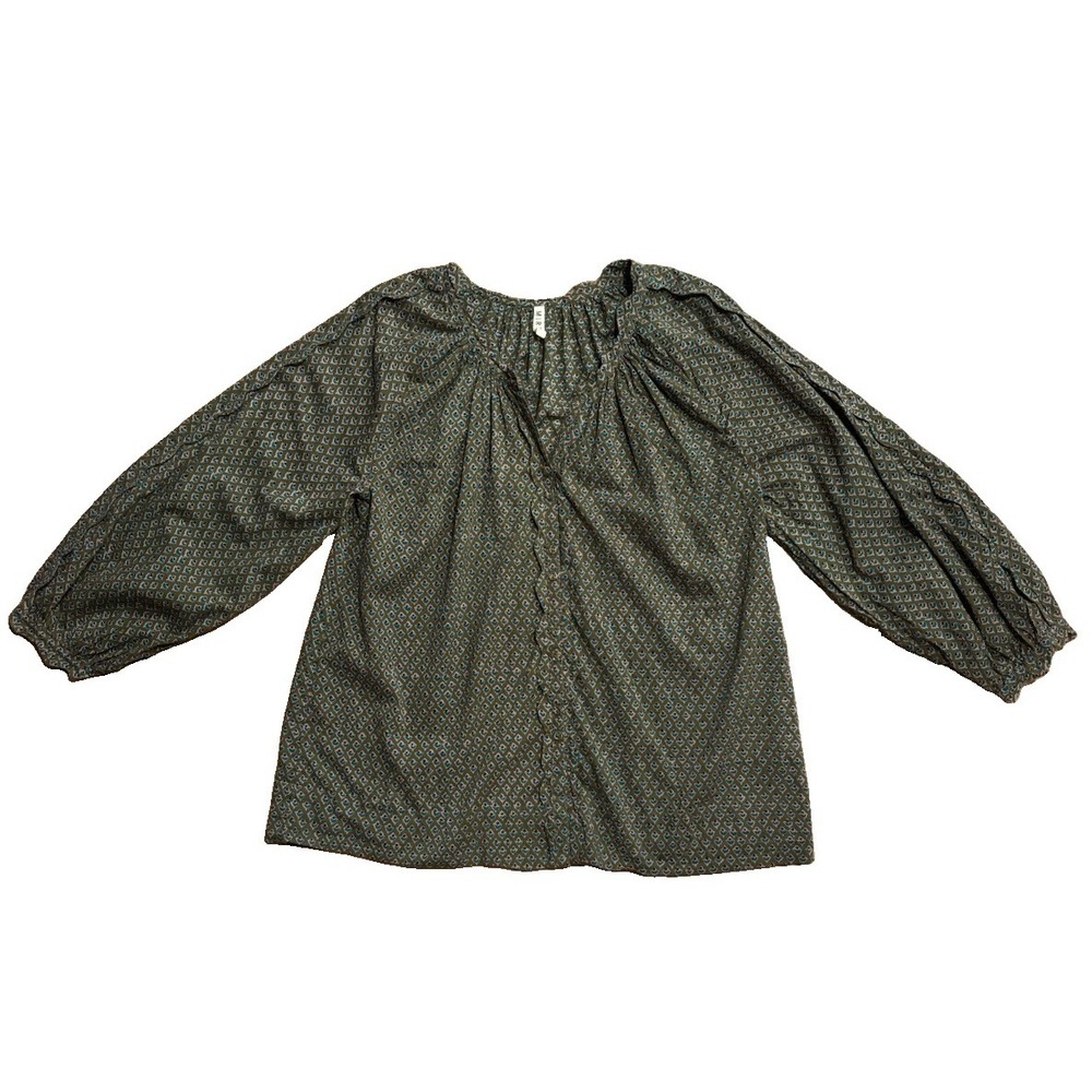 MIRTH MIRTH Handmade Collection Top Green Floral 100% Cotton Scallop Trim Sz L